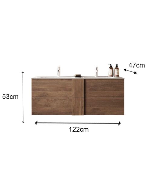 Jessie — Hängeschrank Mercure aus Eichenholz — 2 Schubladen und integriertes Doppelwaschbecken aus Keramik — 122x53x47 cm