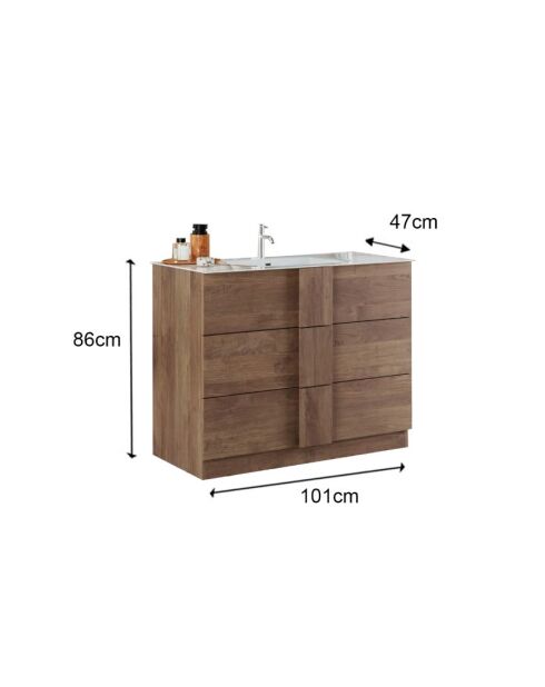 Jessie - Badkamermeubel op eikenhouten poten van Mercure - 3 laden + geïntegreerde keramische wastafel - 101x86x47 cm