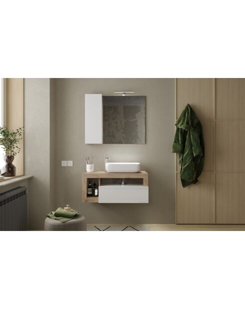 Ancona - Miroir Led avec Colonne Integrée 1 porte H30 cm chêne kadiz & Cachemire laqué brillant - 78x75x18 cm