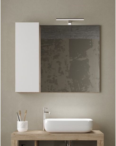 Ancona - Miroir Led avec Colonne Integrée 1 porte H30 cm chêne kadiz & Cachemire laqué brillant - 78x75x18 cm