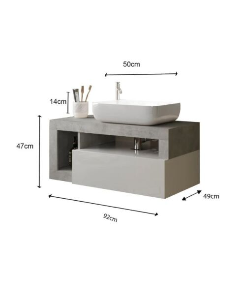 Ancona - Meuble salle de bain suspendu Béton & laqué brillant - 1 Tiroir + 2 niches + vasque à poser - 92x47x49 cm