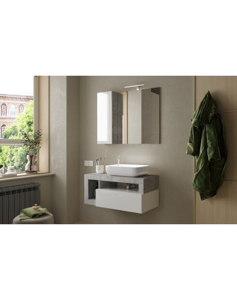 Ancona - Meuble salle de bain suspendu Béton & laqué brillant - 1 Tiroir + 2 niches + vasque à poser - 92x47x49 cm