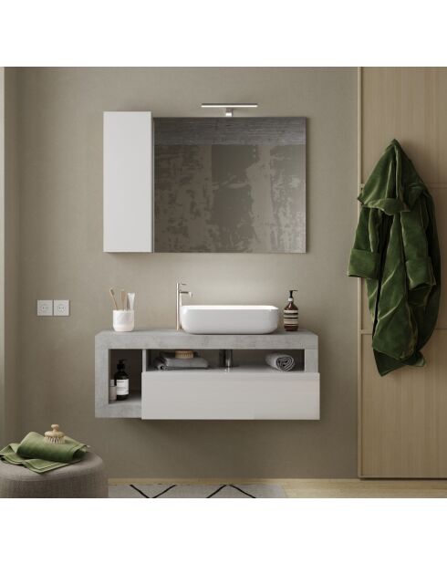 Ancona - Meuble salle de bain suspendu Béton & laqué brillant - 1 Tiroir + 2 niches + vasque à poser - 110x47x49 cm
