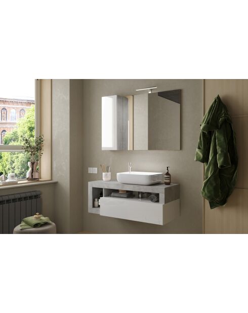 Ancona - Meuble salle de bain suspendu Béton & laqué brillant - 1 Tiroir + 2 niches + vasque à poser - 110x47x49 cm