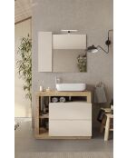 Ancona - Meuble salle de bain sur pieds chêne kadiz & Cachemire laqué brillant - 2 tiroirs + 3 niches + vasque à poser - 92x79x49 cm
