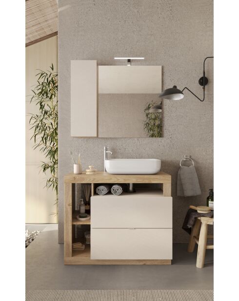 Ancona - Meuble salle de bain sur pieds chêne kadiz & Cachemire laqué brillant - 2 tiroirs + 3 niches + vasque à poser - 92x79x49 cm