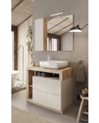 Ancona - Meuble salle de bain sur pieds chêne kadiz & Cachemire laqué brillant - 2 tiroirs + 3 niches + vasque à poser - 92x79x49 cm