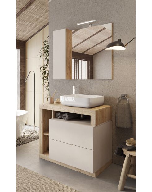 Ancona - Meuble salle de bain sur pieds chêne kadiz & Cachemire laqué brillant - 2 tiroirs + 3 niches + vasque à poser - 92x79x49 cm