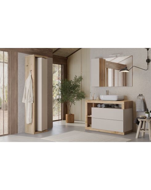 Ancona - Meuble salle de bain sur pieds chêne kadiz & Cachemire laqué brillant - 2 tiroirs + 3 niches + vasque à poser - 92x79x49 cm