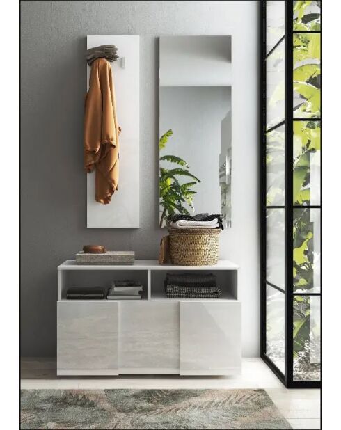Damiano - Set de Meuble d'entrée Laqué Blanc brillant - comprenant 3 pieces : Meuble a chaussure + Miroir + porte manteau - 91x165x36 cm