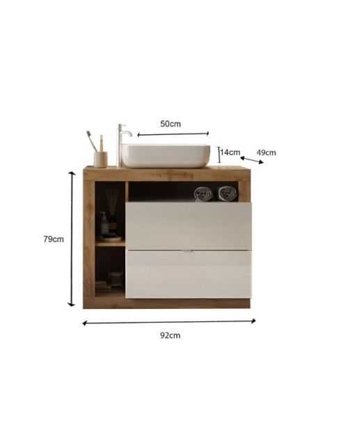 Ancona - Badkamermeubel op eikenhouten poten van kadiz en glanzend gelakt - 2 laden + 3 nissen + aanrechtwastafel - 92x79x49 cm