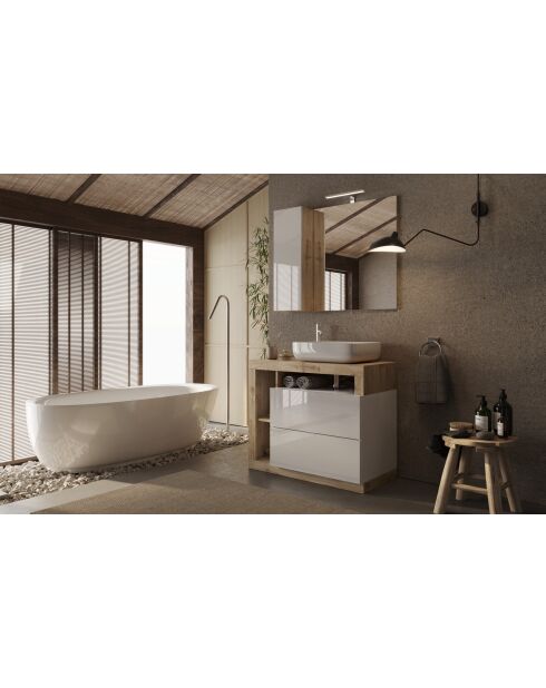 Ancona - Badkamermeubel op eikenhouten poten van kadiz en glanzend gelakt - 2 laden + 3 nissen + aanrechtwastafel - 92x79x49 cm