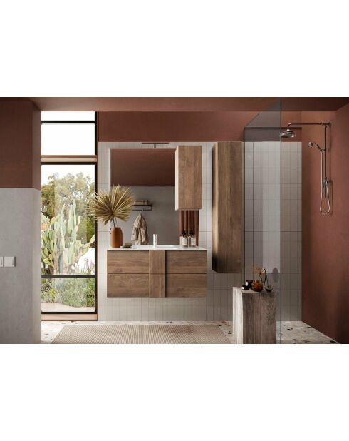 Ancona - Meuble de rangement salle de bain 3 tiroirs chêne kadiz façade cashemire laqué brillant - 35x78x35 cm