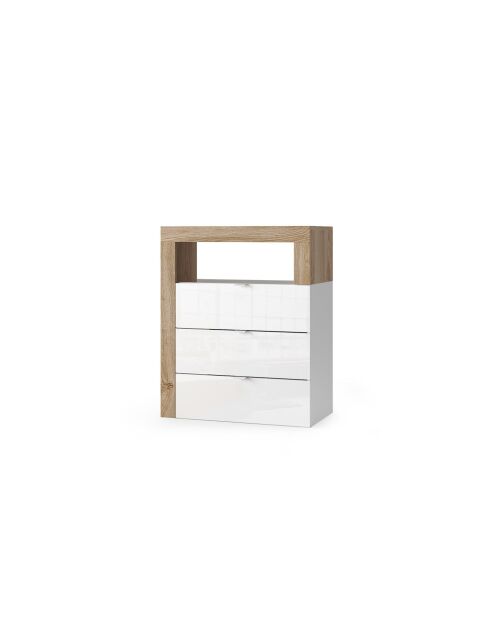 Ancona - Meuble de rangement salle de bain 3 tiroirs chêne kadiz façade blanc laqué brillant - 64x78x35 cm
