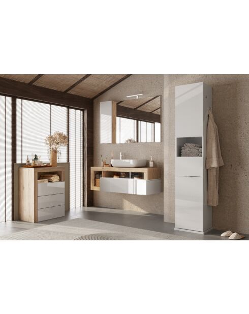 Ancona - Meuble de rangement salle de bain 3 tiroirs chêne kadiz façade blanc laqué brillant - 64x78x35 cm