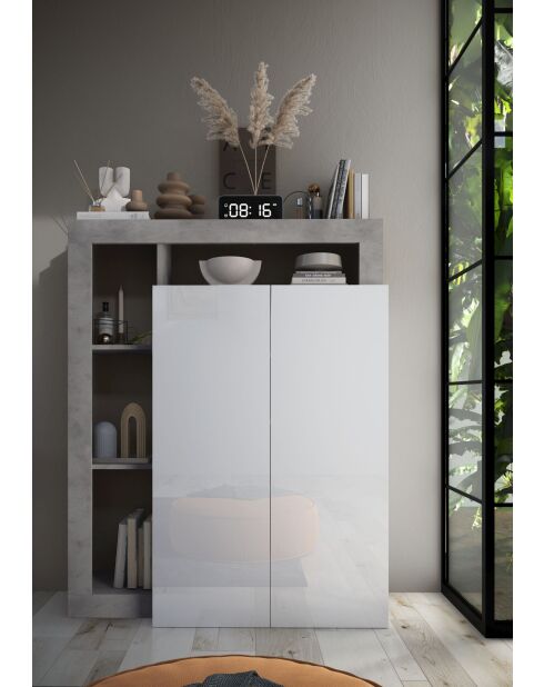 Ancona - Meuble de rangement Haut 2 portes effet béton façacde Blanc laqué Brillant - 4 étageres - 109x138,5x30 cm