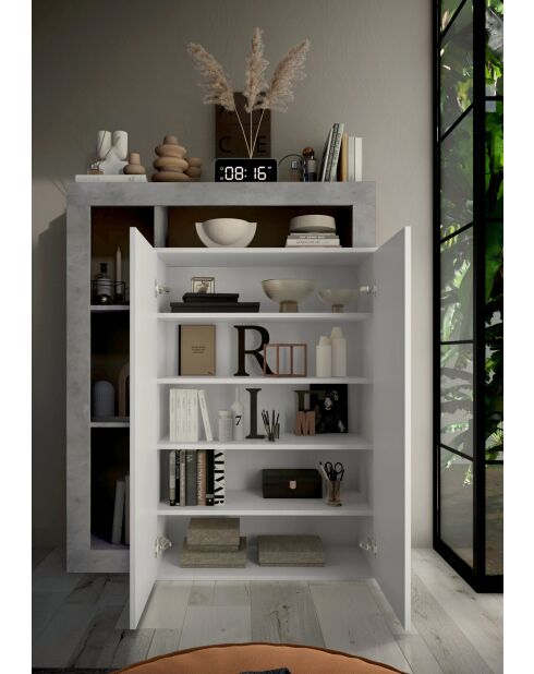 Ancona - Meuble de rangement Haut 2 portes effet béton façacde Blanc laqué Brillant - 4 étageres - 109x138,5x30 cm