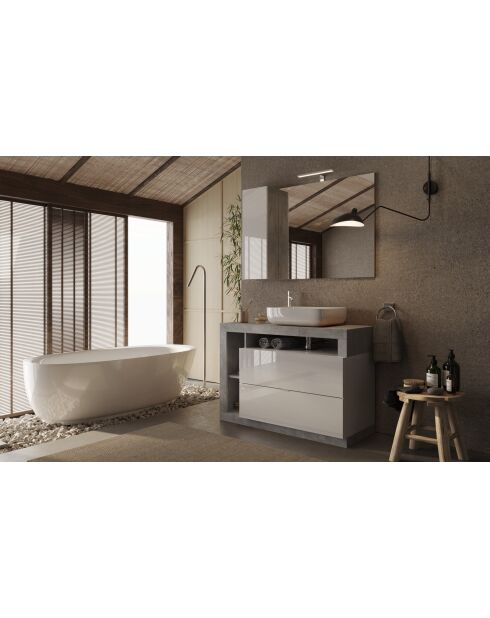 Ancona - Miroir Led avec Colonne Integrée 1 porte H30 cm Béton & laqué brillant - 110x75x18 cm