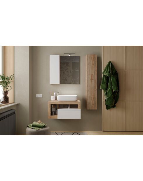 Ancona - Hängendes Badmöbel aus Kadiz-Eiche und glänzend lackiert - 1 Schublade + 2 Nischen + Aufsatzwaschbecken - 79x47x49 cm