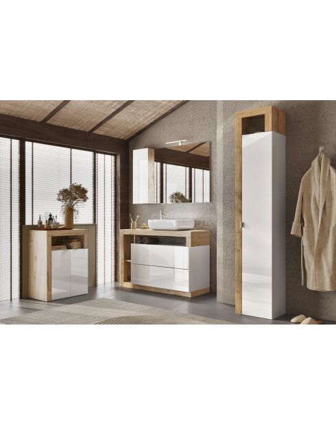 Ancona - Badezimmerschrank mit 2 Türen, Kadiz-Eiche, weiß, glänzend lackiert, Vorderseite - 64x78x35 cm