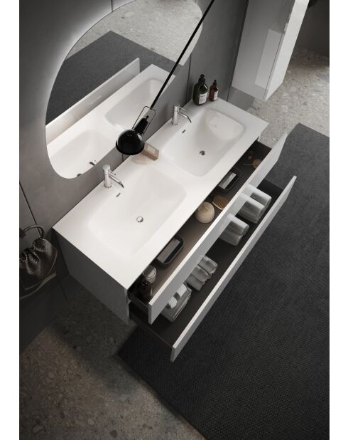 Sienna Hängeschrank, weiß, glänzend lackiert, 2 Schubladen und integriertes Doppelwaschbecken aus Keramik, 122 x 53 x 47 cm