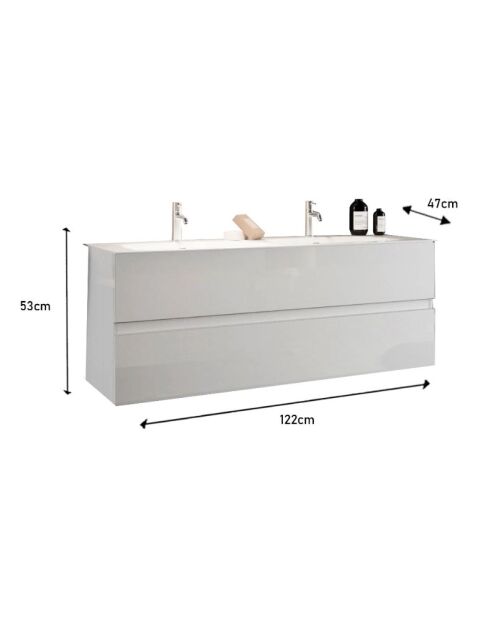 Sienna Hängeschrank, weiß, glänzend lackiert, 2 Schubladen und integriertes Doppelwaschbecken aus Keramik, 122 x 53 x 47 cm