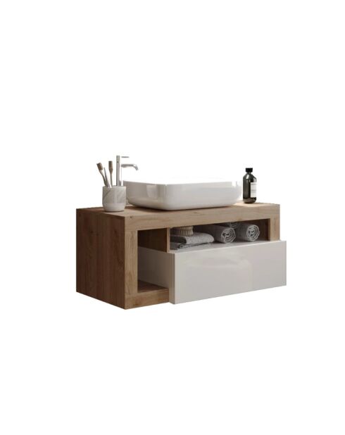 Ancona - Meuble salle de bain suspendu chêne kadiz & Cachemire laqué brillant - 1 Tiroir + 2 niches + vasque à poser - 92x47x49 cm