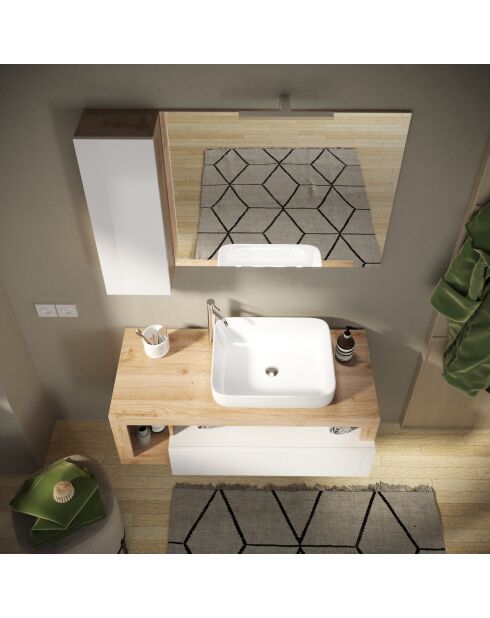 Ancona - Meuble salle de bain suspendu chêne kadiz & Cachemire laqué brillant - 1 Tiroir + 2 niches + vasque à poser - 92x47x49 cm
