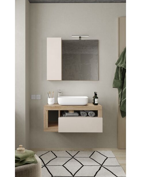 Ancona - Meuble salle de bain suspendu chêne kadiz & Cachemire laqué brillant - 1 Tiroir + 2 niches + vasque à poser - 92x47x49 cm