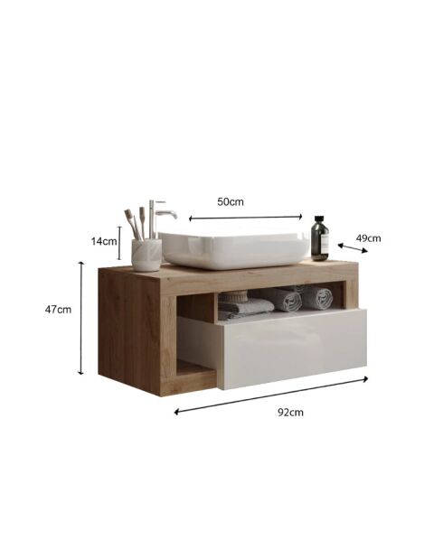 Ancona - Meuble salle de bain suspendu chêne kadiz & Cachemire laqué brillant - 1 Tiroir + 2 niches + vasque à poser - 92x47x49 cm