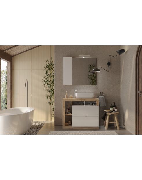 Ancona - Miroir Led avec Colonne Integrée 1 porte H30 cm chêne kadiz & Cachemire laqué brillant - 92x75x18 cm