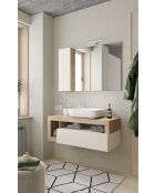 Ancona - Hangend badkamermeubel in kadiz-eik en glanzend gelakt kasjmier - 1 lade + 2 nissen + wastafel op het aanrecht - 110x47x49 cm