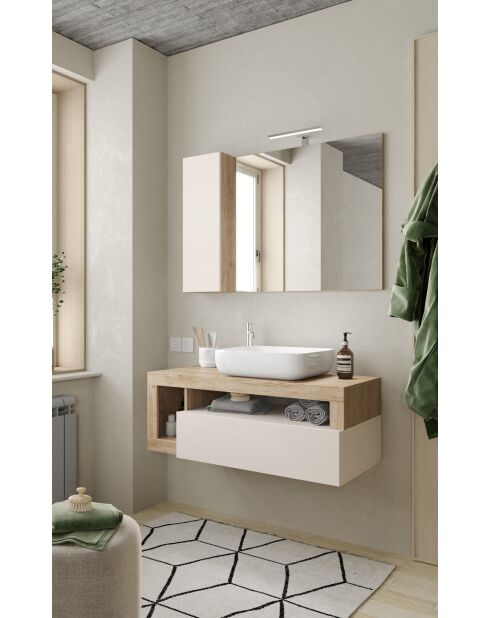 Ancona - Hangend badkamermeubel in kadiz-eik en glanzend gelakt kasjmier - 1 lade + 2 nissen + wastafel op het aanrecht - 110x47x49 cm