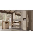 Ancona - Hangend badkamermeubel in kadiz-eik en glanzend gelakt kasjmier - 1 lade + 2 nissen + wastafel op het aanrecht - 110x47x49 cm