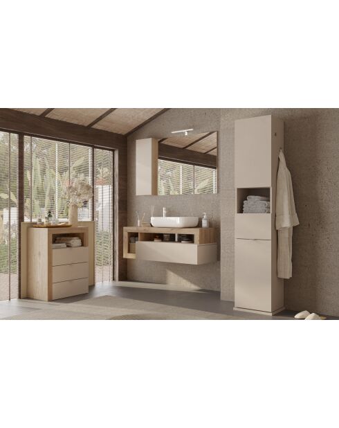 Ancona - Hangend badkamermeubel in kadiz-eik en glanzend gelakt kasjmier - 1 lade + 2 nissen + wastafel op het aanrecht - 110x47x49 cm