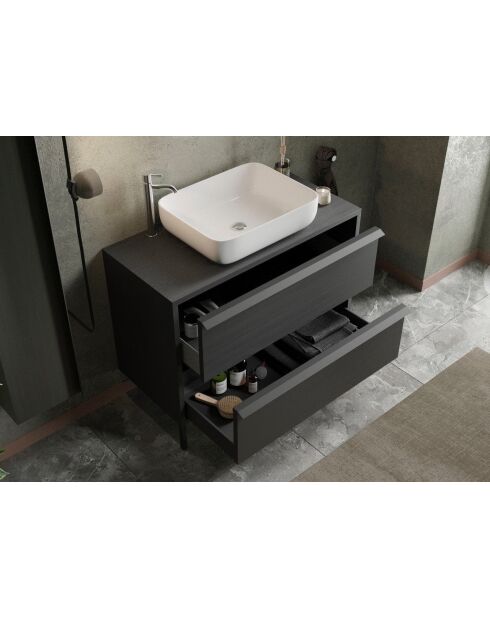 Syracuse - Meuble salle de bain sur pieds Frêne Noir - 2 tiroirs + vasque à poser en céramique - 105x78x43 cm