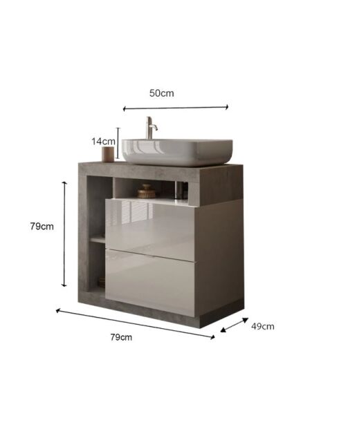 Ancona - Mueble de baño con patas de hormigón coloreado y lacado brillante - 2 cajones + 3 nichos + lavabo sobre encimera - 79x79x49 cm