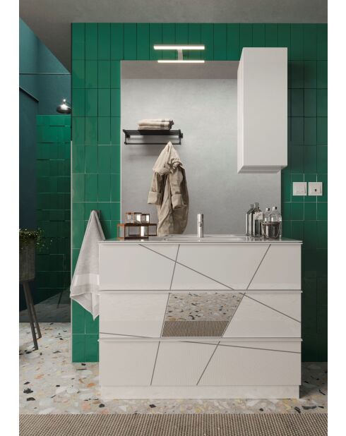 Espejo LED Sienna con columna integrada, 1 puerta de 30 cm de alto, lacado en blanco brillante, 80 x 110 x 18 cm