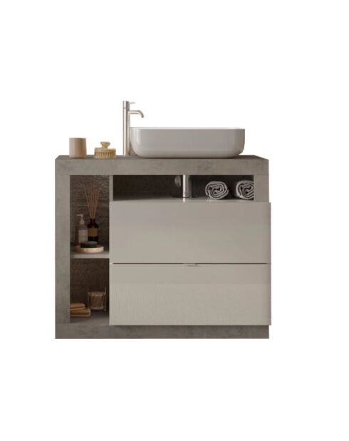 Ancona - Badmöbel auf Beinen Beton und glänzend lackiert - 2 Schubladen + 3 Nischen + Aufsatzwaschbecken - 92x79x49 cm