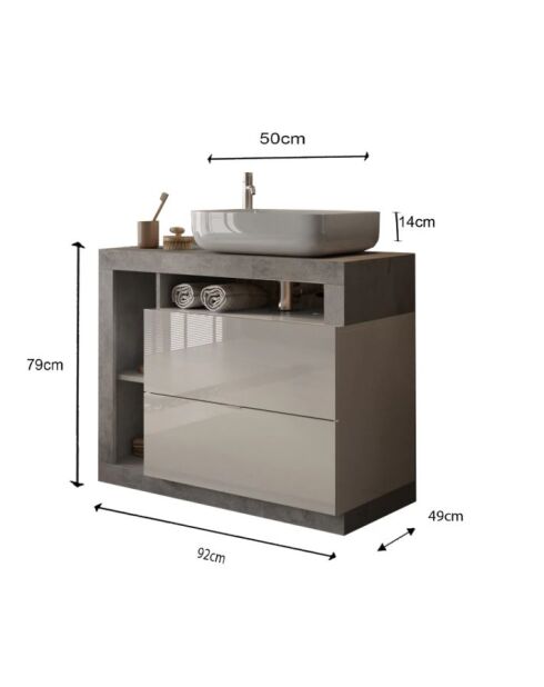 Ancona - Badmöbel auf Beinen Beton und glänzend lackiert - 2 Schubladen + 3 Nischen + Aufsatzwaschbecken - 92x79x49 cm