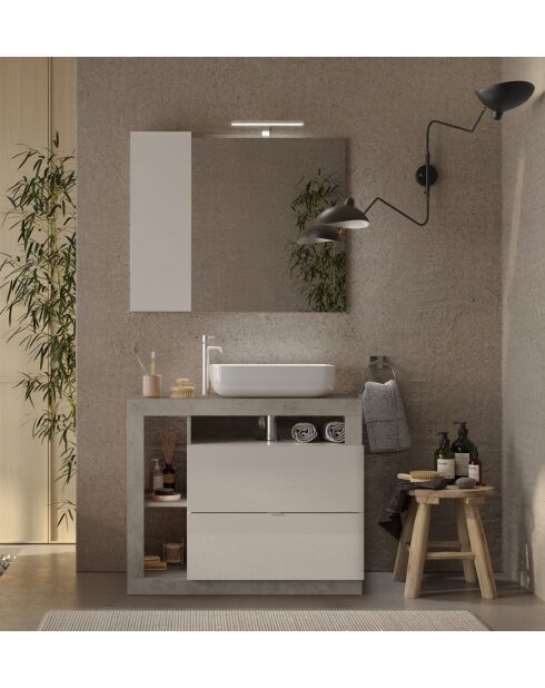 Ancona - Badmöbel auf Beinen Beton und glänzend lackiert - 2 Schubladen + 3 Nischen + Aufsatzwaschbecken - 92x79x49 cm