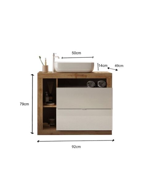 Ancona - Meuble salle de bain sur pieds chêne Mercure & Cachemire laqué brillant - 2 tiroirs + 3 niches + vasque à poser - 92x79x49 cm