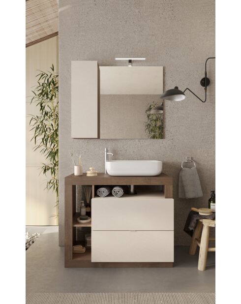 Ancona - Meuble salle de bain sur pieds chêne Mercure & Cachemire laqué brillant - 2 tiroirs + 3 niches + vasque à poser - 92x79x49 cm