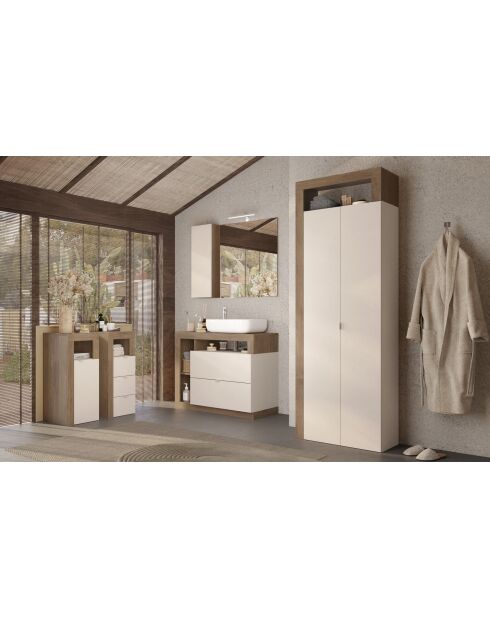 Ancona - Meuble salle de bain sur pieds chêne Mercure & Cachemire laqué brillant - 2 tiroirs + 3 niches + vasque à poser - 92x79x49 cm