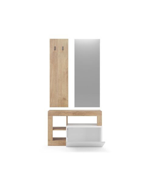 Ancona - Set de Meuble d'entrée chêne kadiz et façade tiroir Blanc Brillant - comprenant 3 pieces : Meuble a chaussure + Miroir + porte manteau - 90,5x170x36 cm