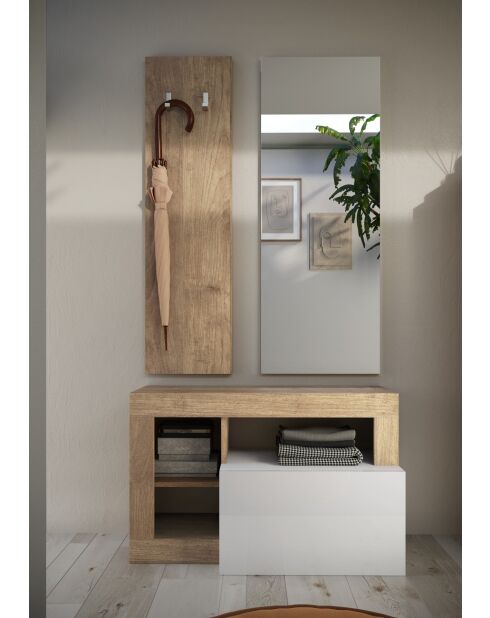 Ancona - Set de Meuble d'entrée chêne kadiz et façade tiroir Blanc Brillant - comprenant 3 pieces : Meuble a chaussure + Miroir + porte manteau - 90,5x170x36 cm