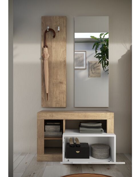 Ancona - Set de Meuble d'entrée chêne kadiz et façade tiroir Blanc Brillant - comprenant 3 pieces : Meuble a chaussure + Miroir + porte manteau - 90,5x170x36 cm