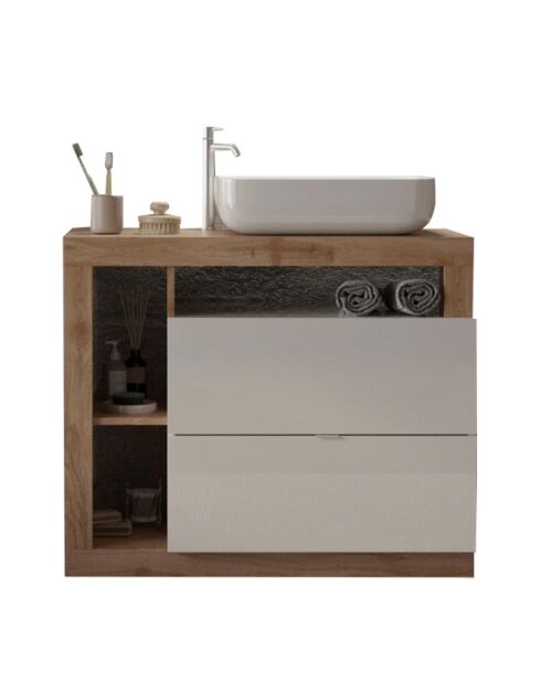 Ancona - Meuble salle de bain sur pieds chêne kadiz & Cachemire laqué brillant - 2 tiroirs + 3 niches + vasque à poser - 110x79x49 cm