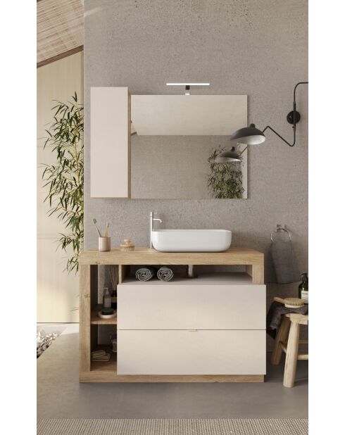 Ancona - Meuble salle de bain sur pieds chêne kadiz & Cachemire laqué brillant - 2 tiroirs + 3 niches + vasque à poser - 110x79x49 cm