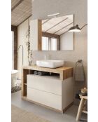 Ancona - Meuble salle de bain sur pieds chêne kadiz & Cachemire laqué brillant - 2 tiroirs + 3 niches + vasque à poser - 110x79x49 cm
